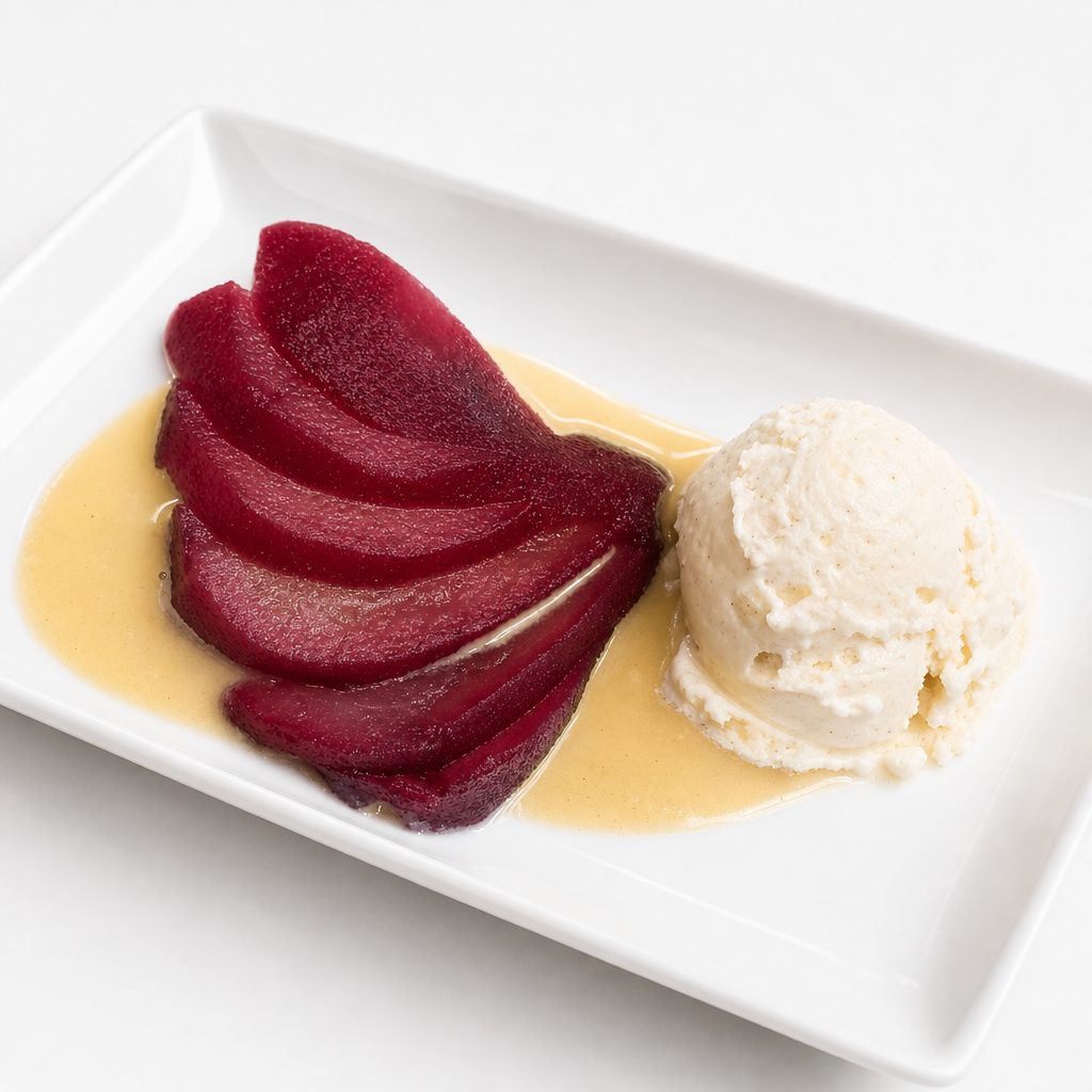 Poached Pear with Vanilla Ice Cream.