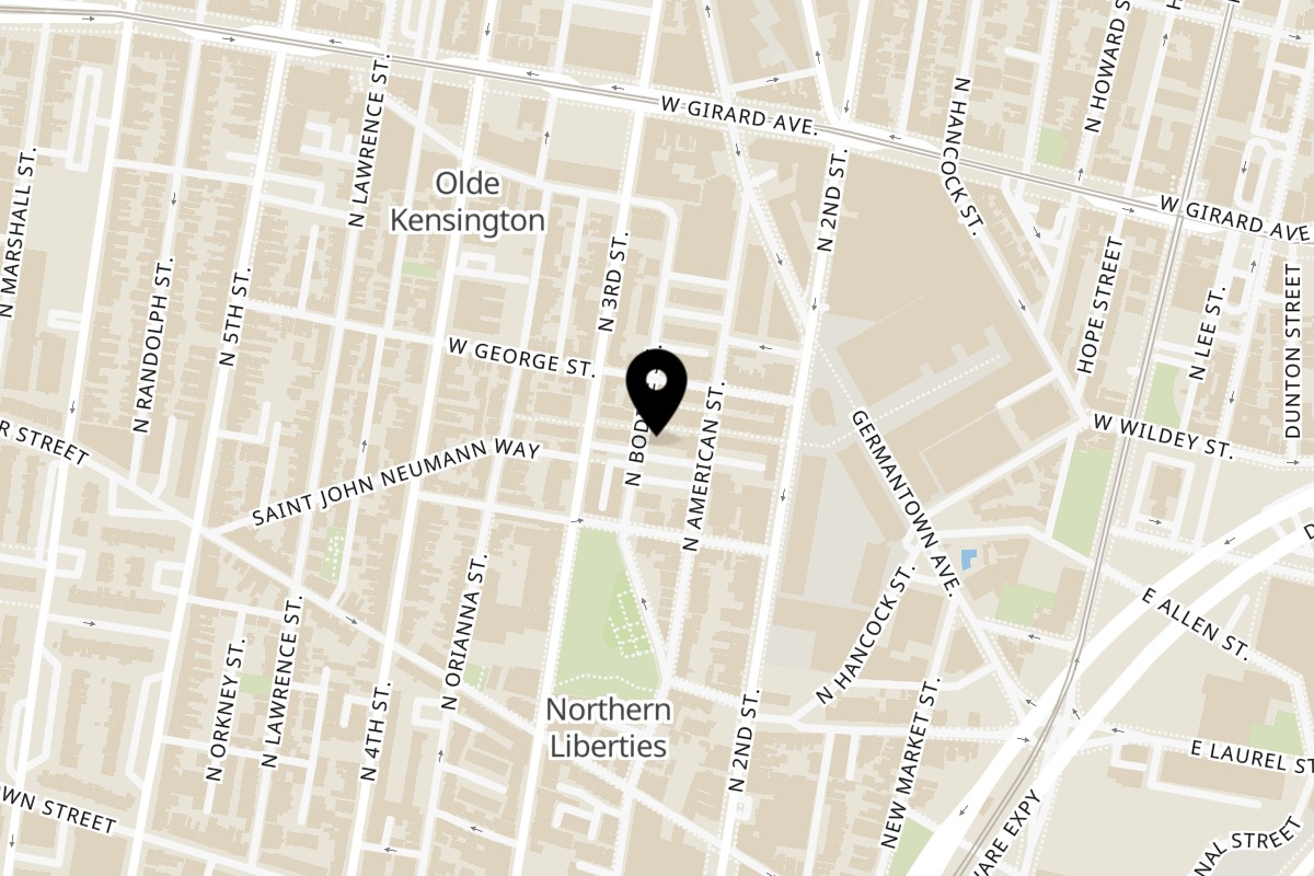 Map showing the location of Baan Thai Thai Cuisine on 1030 N American St in Philadelphia